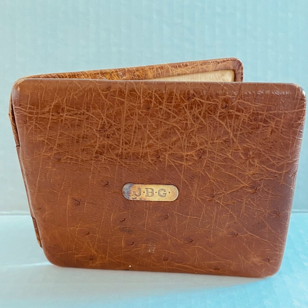 Vintage Genuine Ostrich Bifold Card Case Wallet 14K Gold Engraved